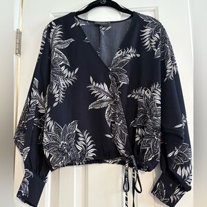 Chic Navy and White Floral Wrap Blouse